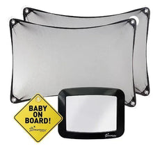Car window sun shade pair with Baby on Board tag and storage pouch
