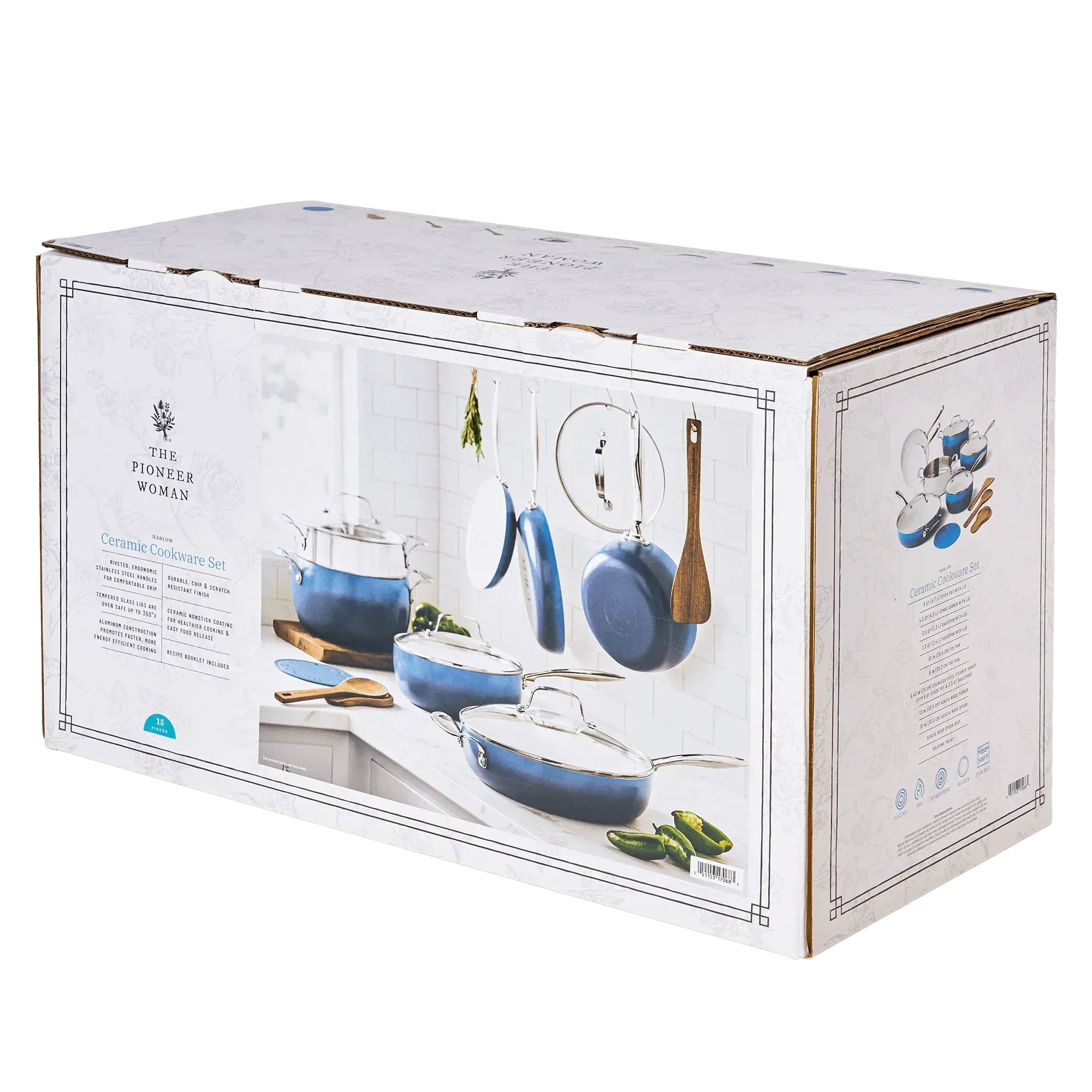 The Pioneer Woman Harlow 15-Piece Cookware Set, Ceramic Non-Stick Pots and Pans Set, Denim Blue