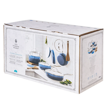 Cookware set retail box for ceramic non-stick pots and pans, denim blue theme