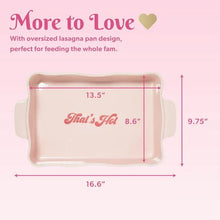 Pink lasagna pan with side handles and size dimensions marked