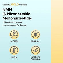NMN supplement label graphic with icons for No GMOs and No Gluten