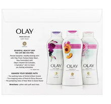 Body wash product box with three Olay bottles on the front panel