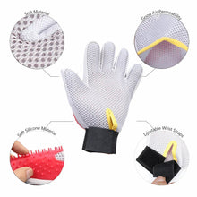 Pet grooming gloves with white/gray mesh, silicone grooming nubs, black wrist strap