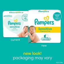 Baby wipes pack with Pampers Sensitive fragrance-free label, white and teal box