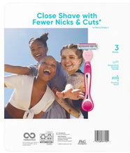 Disposable women's razor with pink handle and 3 blades, shown on package