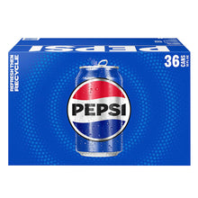 Pepsi 36-pack 12 oz cola cans box, blue with Pepsi can graphic