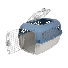 Blue plastic pet carrier kennel with open left door, top ventilation grille, and hex panel.
