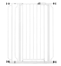 White metal walk-through baby gate with vertical bars and latch hardware