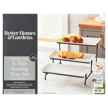 3-tier white porcelain serving tray set with three rectangular trays on black stand