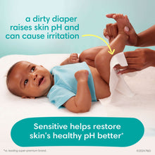 Baby on a changing surface while a white wipe is applied with sensitive wipes