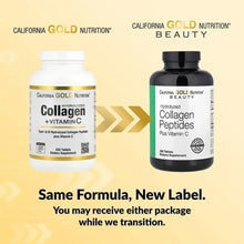 Collagen peptides supplement bottles, same formula with new label transition