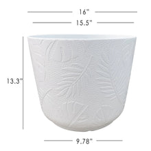 Round white resin planter with embossed leaf texture, size shown: 16 in diameter