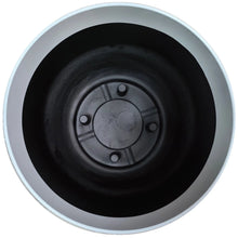 Round white resin planter interior with dark drainage base insert