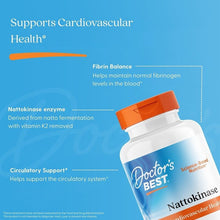 Orange-capped Doctor's Best Nattokinase bottle with cardiovascular health infographic