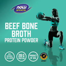 Beef bone broth protein powder promotional graphic with NOW Sports logo