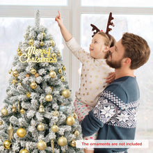 Snow flocked artificial Christmas tree decorated with gold ornaments, 6 ft