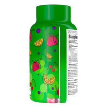 Green calcium + D3 vitamin gummy supplement bottle side with ingredient panel and barcode.