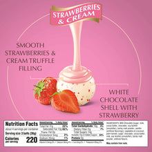 Nutrition facts panel with Strawberries & Cream white chocolate truffle image on bag