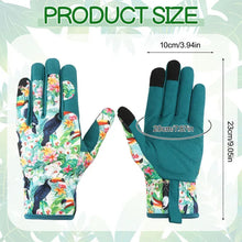 Floral gardening gloves with teal palms and multicolor flower print, pair view