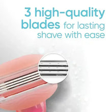 Razor cartridge blades close-up with three-cut blade design