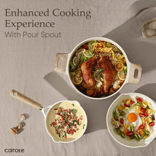 White nonstick cookware with wood handles, pour-spout pot filled with food