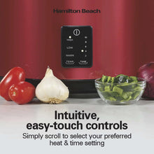 Red slow cooker control panel with easy-touch buttons on the front