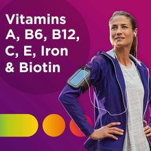 Centrum Women multivitamin graphic listing vitamins A, B6, B12, C, E, Iron and Biotin