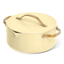 Buttercream ceramic nonstick covered pot with strainer lid and gold handles