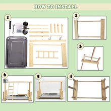 Wooden parrot play stand parts and metal tray shown in assembly step diagram