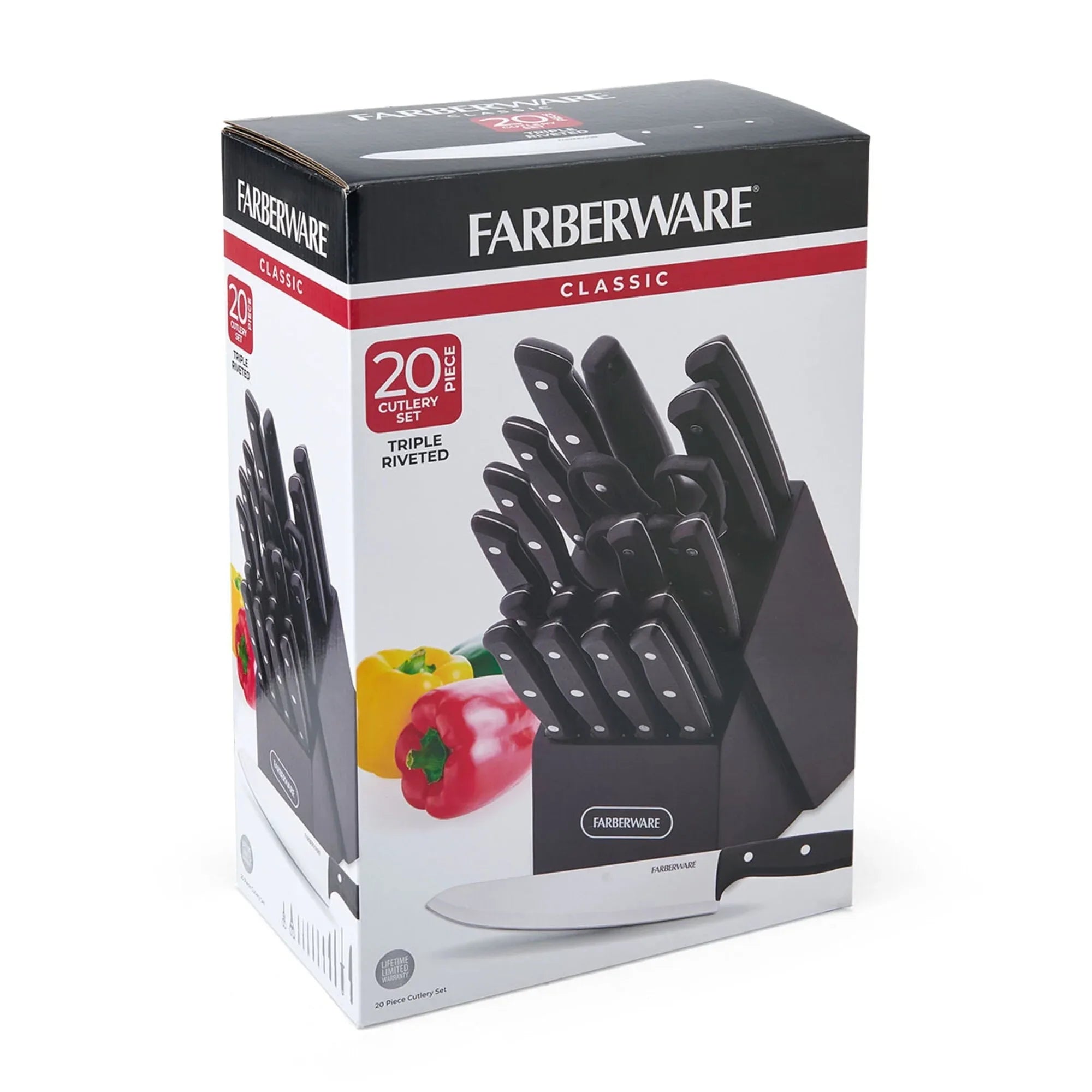 Farberware Classic 20-Piece Triple Riveted Cutlery Block Set with Kitchen Shears, Black - USA MEGA SHOP