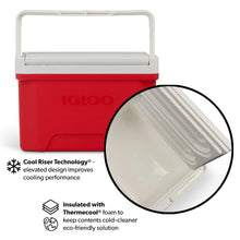 Red cooler with open lid, white insulated interior with ridged surface