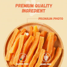 Sweet potato dog treat strips in wooden bowl, gluten-free grain-free