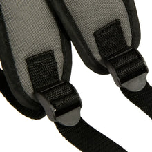 Padded shoulder straps with webbing on gray pet backpack
