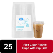 Clear 16 oz plastic cups with sip lids, 25-count display and cup