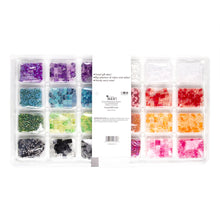 DIY bead assortment in clear organizer with purple, blue, green, black, red, and orange sections