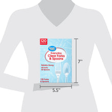Clear plastic fork and spoon set, 5.5 in by 7 in shown on packaging