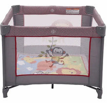 Delta Children playard with gray frame and purple patterned top rail, mesh panel and toys