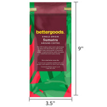 Sumatra ground coffee bag with size marks: 3.5 in wide, 9 in tall