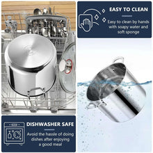 Stainless steel stock pot with glass lid, shown during dishwasher cleaning