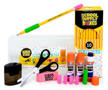 School supply box kit with number 10 pencils, scissors, glue bottles, and eraser