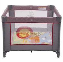 Delta Children playard with gray panels and purple patterned trim, front mesh window