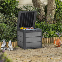 Grey resin deck box with hinged open lid and slatted vents