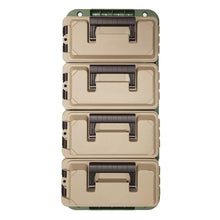Stacked 4 storage crates in beige with black organizers and lift-out handles