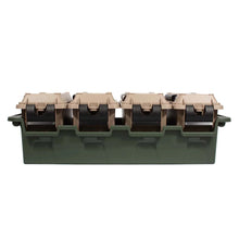 Storage crate set, side view: green base with beige lids and black organizer inserts