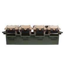 Stackable 4-pack storage crate set with beige lids on dark green base, side view