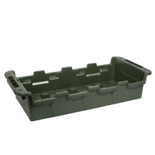 Empty dark green storage crate with molded hand grips, open top