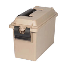 Beige storage crate with black front slot and hinged lid with straps