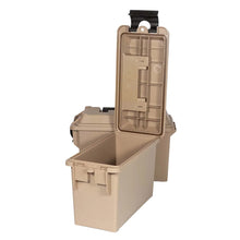 Open beige storage crate with black strap and interior divider compartments