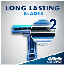 Razor head with long-lasting 2 blades, close-up on blue disposable handle
