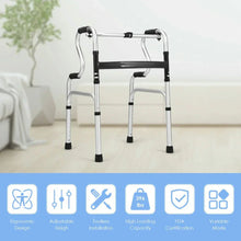 Medical mobility walker with black hand grips and seat bar, silver frame with rubber tips.